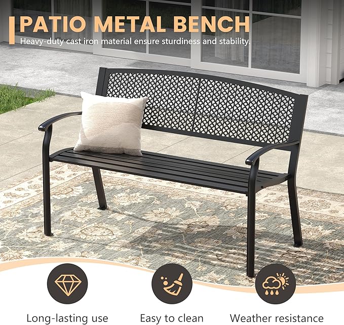 50.4" Garden Bench, Metal Outdoor Bench with Backrest and Curved Armrests for Patio Porch Lawn, Black