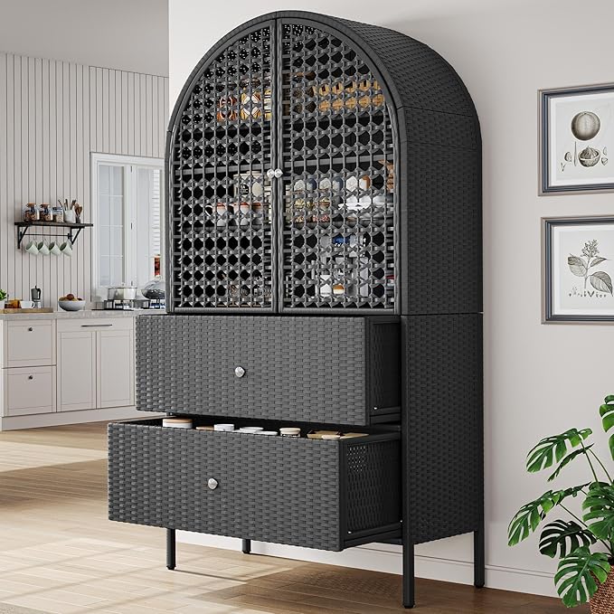 YITAHOME 65 Inch Outdoor Storage Shed, Arched Wicker Stand-Up Pantry with 3 Shelves & 2 Drawers, Rustic Storage Cabinet Patio Furniture for Backyard Garden Patio Lawn (Black)