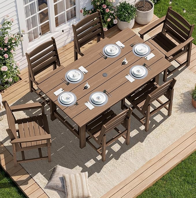 SERWALL Patio Dining Sets for 10 Person, HDPE Dining Set with 2 Tables, 8 Armless Chairs and 2 Armed Dining Chairs, Brown
