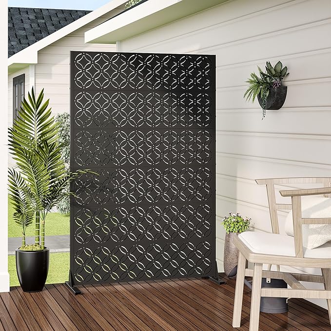 Casaphoria Metal Privacy Screen Outdoor, 72" H x 47" W Freestanding Decorative Privacy Screen for Patio Deck Balcony Garden with Stable Base, Palace Black
