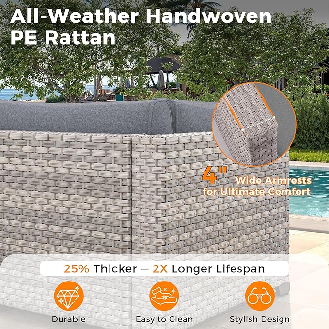 8-Seat Modern Patio Furniture Set with Swivel Rocking Chairs, Thick 4″ Cushions, Dual-Strand Wicker Rattan, Rust-Resistant Steel Frame – Outdoor Conversation & Modular Sectional,Gray