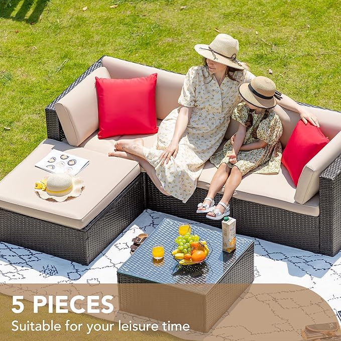 Devoko 5 Pieces Patio Furniture Sets All Weather Outdoor Sectional Patio Sofa Manual Weaving Wicker Rattan Patio Seating Sofas with Cushion and Glass Table (Beige)