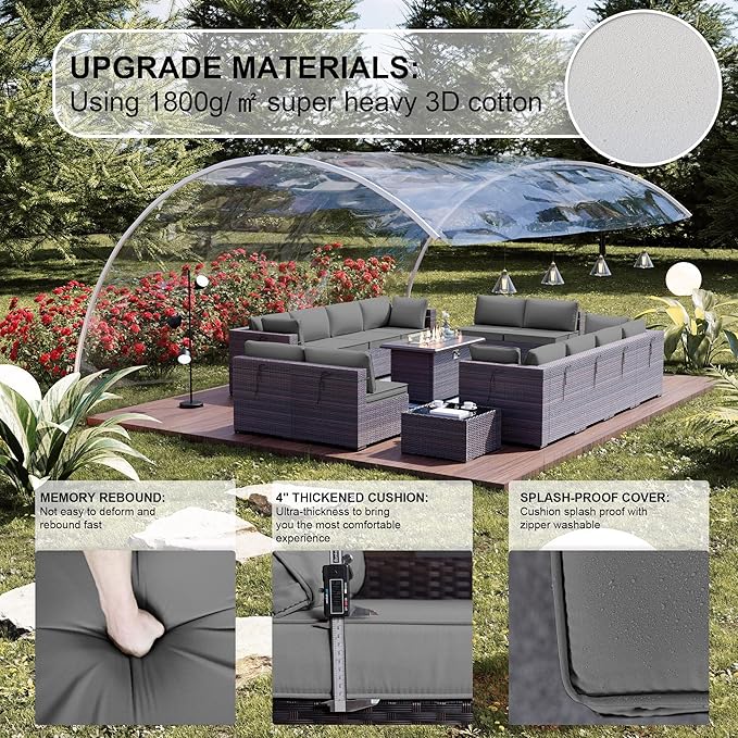 Kullavik 15 Pieces Outdoor Patio Furniture Set with 43" 55000BTU Gas Propane Fire Pit Table PE Wicker Rattan Sectional Sofa Patio Conversation Sets,Grey