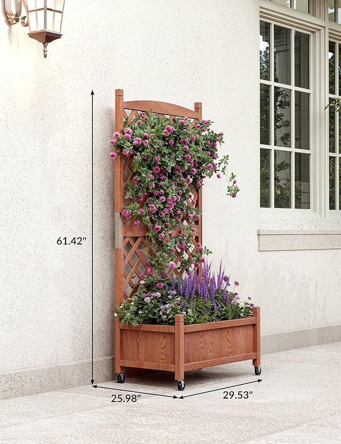 GarveeLife 1PC Wood Planter Box with Trellis - 29.5"x26"x61.5" Tall Raised Garden Bed with Wheels, Drainage Holes, Vertical Flower Stand for Patio Horticulture