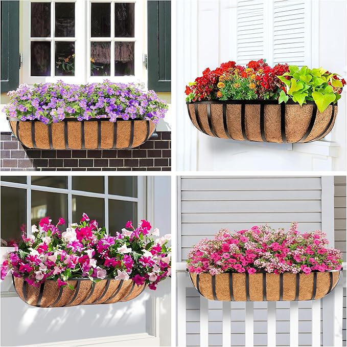 4pcs 30" Window Box Deck Railing Planter with Coco Liner, Metal Hanging Flower Planter Window Basket, Wall Planters Boxes with Horse Trough Coco Liner for Outdoor Indoor Balcony Porch Fence