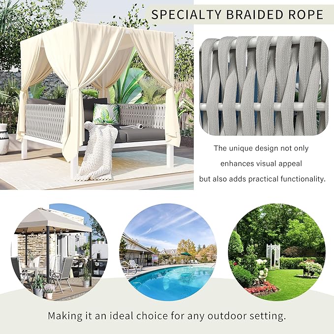 Merax Outdoor Patio Daybed with Soft Cushions and Curtains, Double Chaise Lounge Sunbed with Rubber Core Rope Backrest and Comfy Pillows for Outside Pool, Garden, Backyard, Lawn, Gray+Beige
