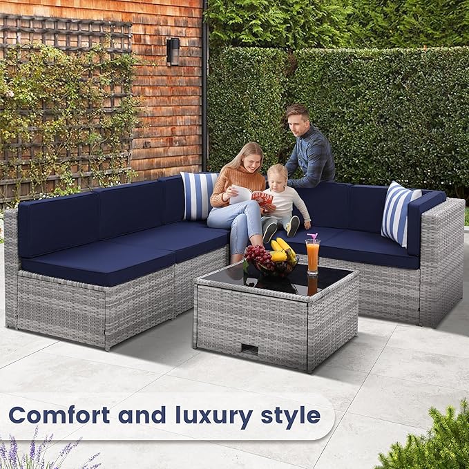 8-Piece Patio Furniture Set, Outdoor Wicker Rattan Sectional with Thick Cushions, Glass Top Table with Hidden Storage, Outdoor Conversation Set for Backyard, Porch, Patio, Blue