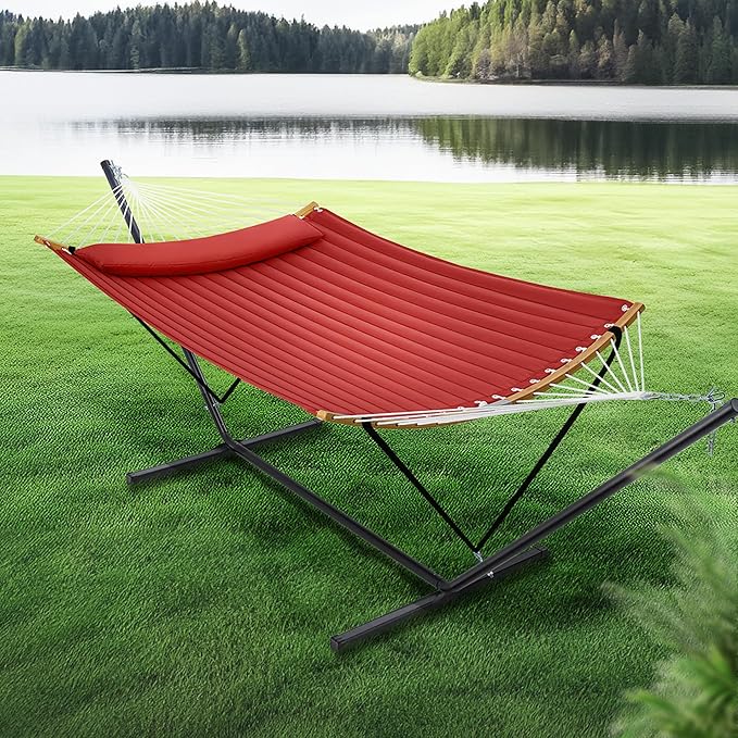 SUPERJARE Hammock with Stand, 2 Person Heavy Duty Hammock with Padded Cotton, Detachable Pillow & Strong Curved-Bar & Portable Carrying Bag, Perfect for Outdoor & Indoor, Burgundy