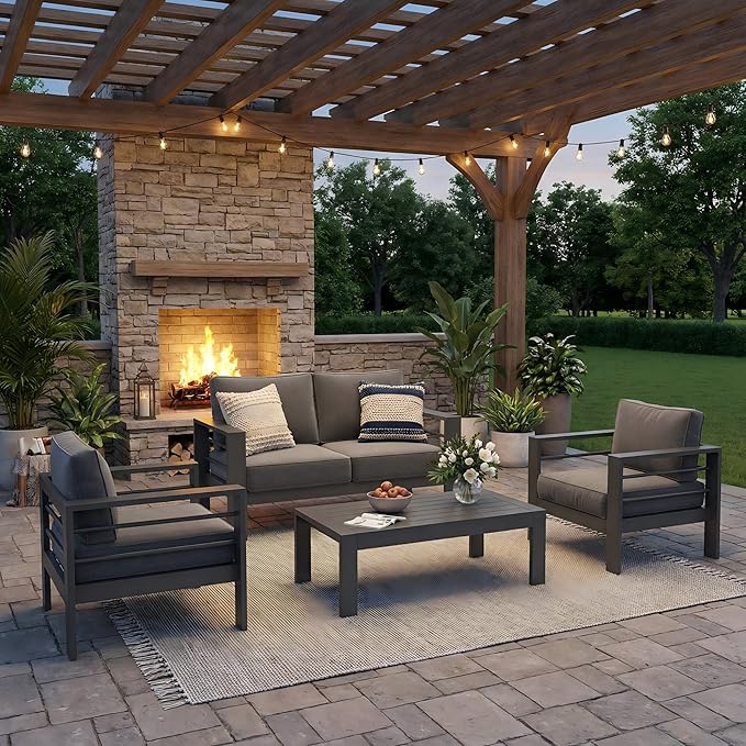 Solaste Aluminum Outdoor Patio Furniture Set, 4 Seats Patio Sectional Sofa with 5" Thick Cushion, Outdoor Patio Set with Coffee Table for Porch, Backyard, Deck, Yard, Grey