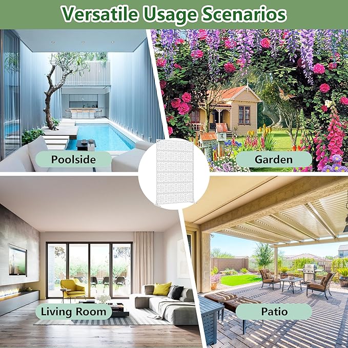 Casaphoria Metal Privacy Screen Outdoor, 72" H x 47" W Freestanding Decorative Privacy Screen for Patio Deck Balcony Garden with Stable Base, White-Perilla