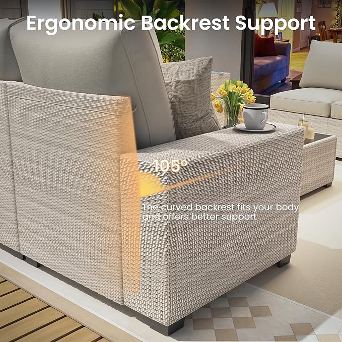9 Piece Outdoor Patio Furniture Set with 43'' Fire Pit Table, Outdoor Sectional Furniture, Rattan & Wicker Modern Modular Conversation Set Sofa Couch W/Water Resistant Washable Thick Cushions, Beige