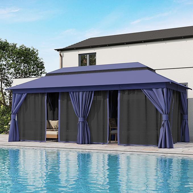 LAUSAINT HOME Semi-Permanent Outdoor Patio Gazebo 10'x20', Heavy Duty Party Tent Shelter with Double Roofs, Mosquito Nettings and Privacy Screens for Backyard, Garden, Lawn, Navy Blue