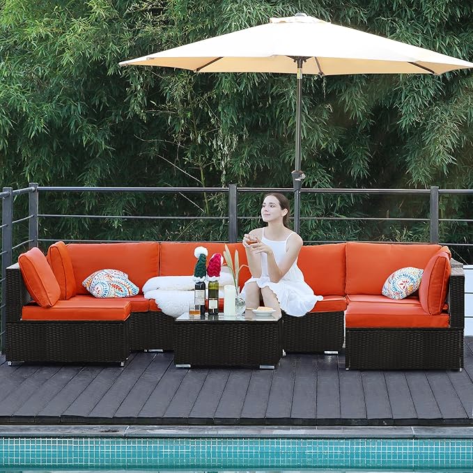 7-Piece Patio Furniture Set - Outdoor Sectional Sofa Set with Cushions and Glass-Top Coffee Table for Gardens, Poolside, Backyards and Porches, Black/Orange