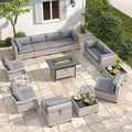 10-Seat Outdoor Wicker Patio Furniture Set with Fire Pit Table, Modular Rattan Sectional Sofa & 2 Swivel Rocking Chairs, 4" Thick Cushions, Rust-Resistant Frame,Black
