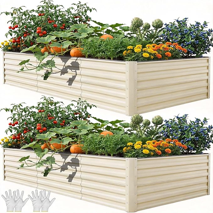 YITAHOME 8x4x2ft 2pcs Large Raised Garden Bed Kit, Galvanized Metal Planter Box with Gloves & Safety Rubber, Outdoor Above Ground Planters for Plants Vegetables Flowers, Cream Yellow
