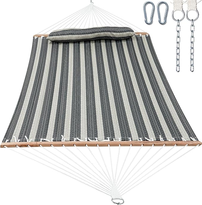 2 Person Hammocks for Outside, Double Quilted Fabric Outdoor Hammock with Spreader Bar, Large Removable Pillow, Storage Pockets, Carabiners, Max 475 lbs Capacity (Mountain Mist Gray)