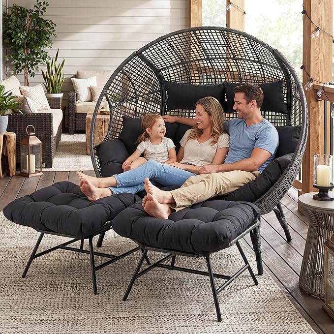NICESOUL Luxury Double Egg Chair with Footrest & Cushions, Two Person Wicker Eggshell Chair Large with Ottoman, 2 Person Loveseat Comfort Deep Seating for Interiors Exteriors Balcony Dark Gray