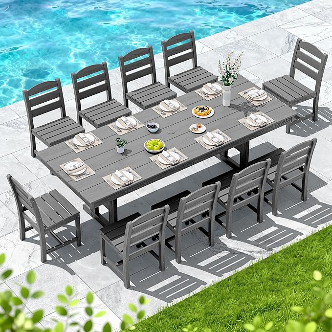 SERWALL Outdoor Dining Chairs Set of 4, All-Weather HDPE Patio Chair with 19.7" Widened Seat, for Backyard, Garden, Gray
