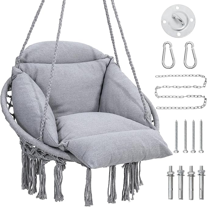 Macrame Hammock Hanging Swinging Chair with Oversized Cushion, Perfect for Bedroom, Porch, Kids, Adults, Balcony, Grey