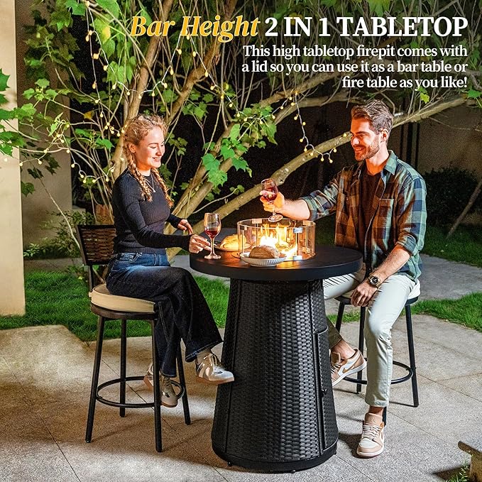 PIZZELLO 3-Piece Patio Swivel Bar Set with 37" Height Propane Round Firepit Table and High Swivel Stools Chair Set of 2, Outdoor High Top Bistro Set for Poolside, Garden, Balcony(Black)