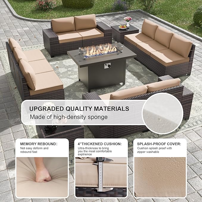 Kullavik 13PCS Outdoor Patio Furniture Set with 43" 55000BTU Gas Propane Fire Pit Table PE Wicker Rattan Sectional Sofa Patio Conversation Sets,Sand