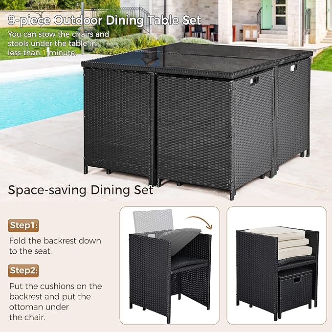 Yaheetech 9-Piece Patio Dining Sets, Outdoor Space Saving Rattan Chairs with Glass Table, Wicker Sectional Conversation Furniture Set with Removeable Cushions, Black/Beige