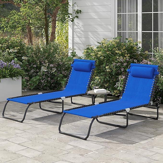 Outsunny Folding Chaise Lounge Chair Set of 2, Patio Sun Tanning Chair, Outdoor Chaise Lounger with 4-Position Reclining Back, Breathable Mesh Seat for Beach, Poolside, Yard, Blue