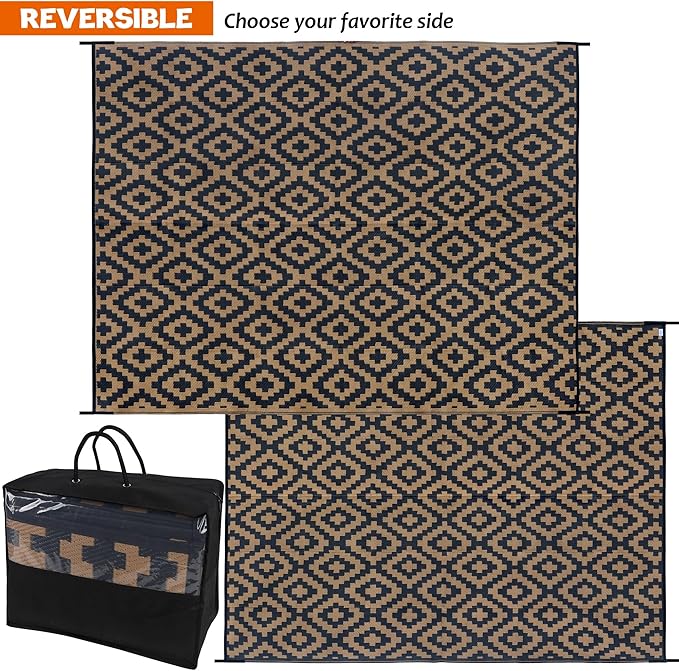 SAND MINE Reversible Mats, Plastic Straw Rug, Modern Area Rug, Large Floor Mat and Rug for Outdoors, RV, Patio, Backyard, Deck, Picnic, Beach, Trailer, Camping, Black & Brown, 8' x 10'