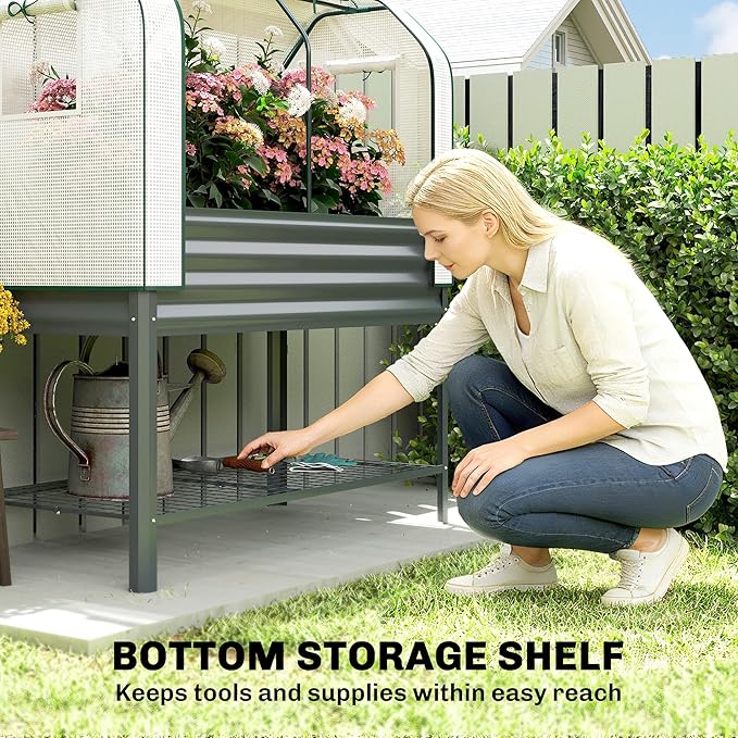 Outsunny Galvanised Raised Garden Bed with Greenhouse Cover, Metal Elevated Garden Bed with Legs, Bed Liner and Bottom Shelf, Outdoor Raised Planter Box for Vegetables, Herbs, Flowers, Dark Gray