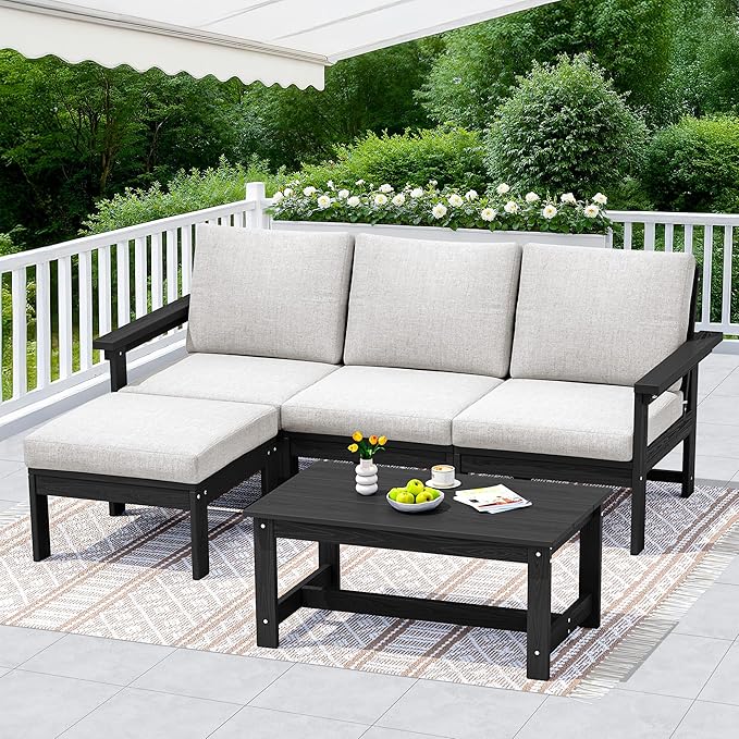 SERWALL Outdoor Sectional Sofa Set, 5-piece Outdoor Modula Couch Set with Ottoman, All Weather Patio Furniture Set with Chaise for Deck, Lawn, Black Frame with Khaki Cushion