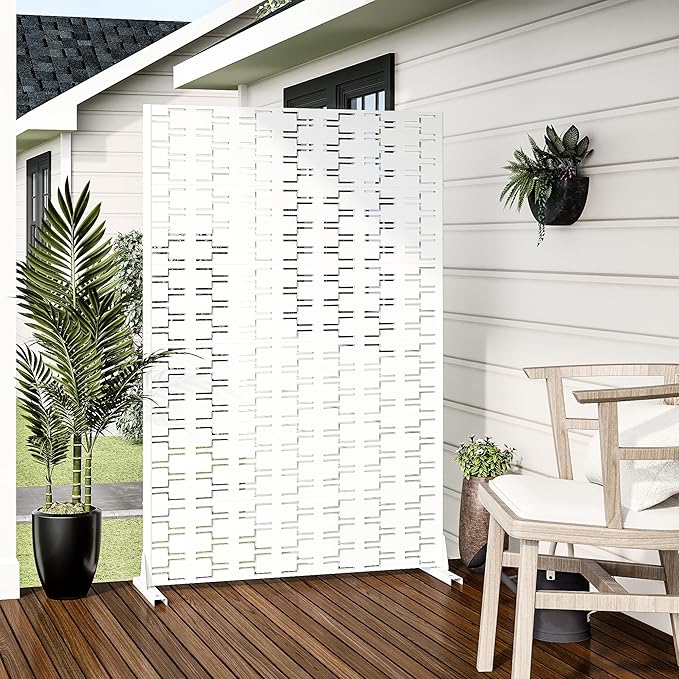 Casaphoria Metal Privacy Screen Outdoor, 72" H x 47" W Freestanding Decorative Privacy Screen for Patio Deck Balcony Garden with Stable Base, White-Brick