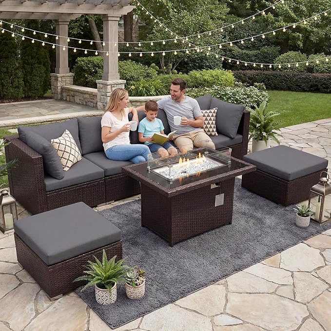 NICESOUL Extra Large Size Patio Furniture Set with Firepit Natural Gas/Propane, 6 Seater Modern Luxury Outdoor Sofa Set, 29.3'' High Backrest Backyard Sitting, Brown Rattan and Dark Grey Cushion