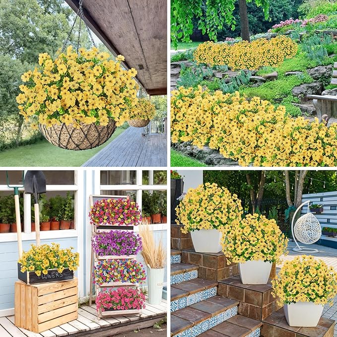 Bassion Artificial Flowers for Outdoors, 24 Bundles UV Resistant Fake Flowers Realistic Silk Faux Plants for Outdoor Planter Window Box Porch Patio Garden Home Outside Decorations