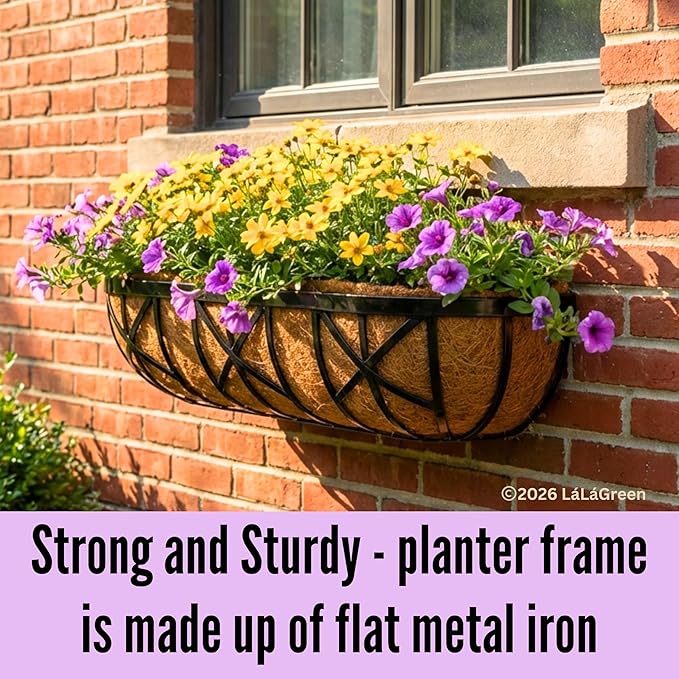 LaLaGreen 24 Inch, 4 Pack Window Boxes Planters – Black Metal Window Boxes for Outdoor Plant, Wall Mount Flower Pot with Coco Coir Liner, Attach to House Fence Balcony Herb for Patio Porch Garden