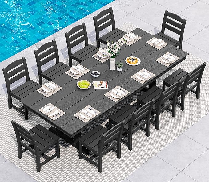 SERWALL Outdoor Dining Chairs Set of 4, All-Weather HDPE Patio Chair with 19.7" Widened Seat, for Backyard, Garden, Black