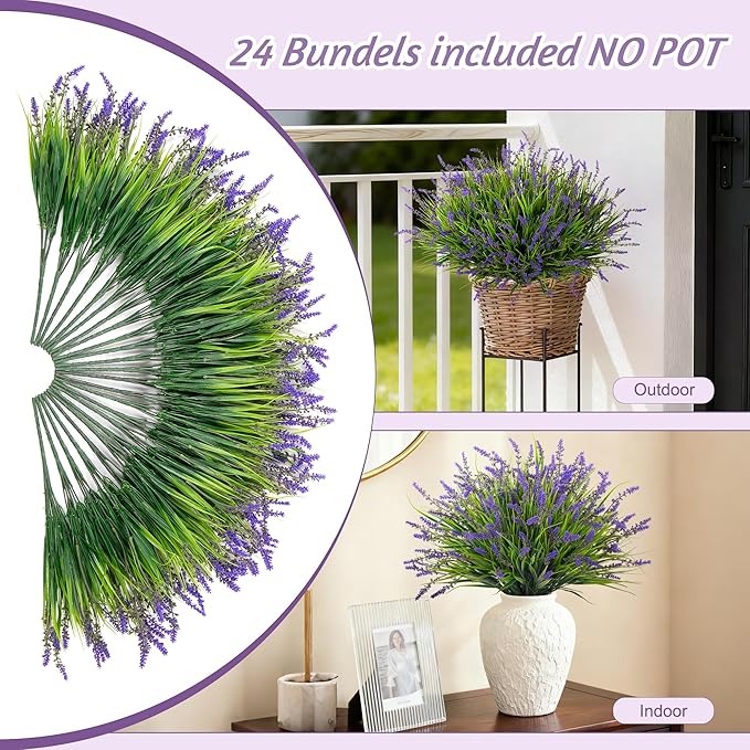 24 Pcs Artificial Faux Plants for Outdoor Spring Decoration, Fake Monkey Grass for Garden Porch Balcony Planters, Fake Greenery Shrubs UV Resistant No Fade Plants Bush for Pathway(Purple)