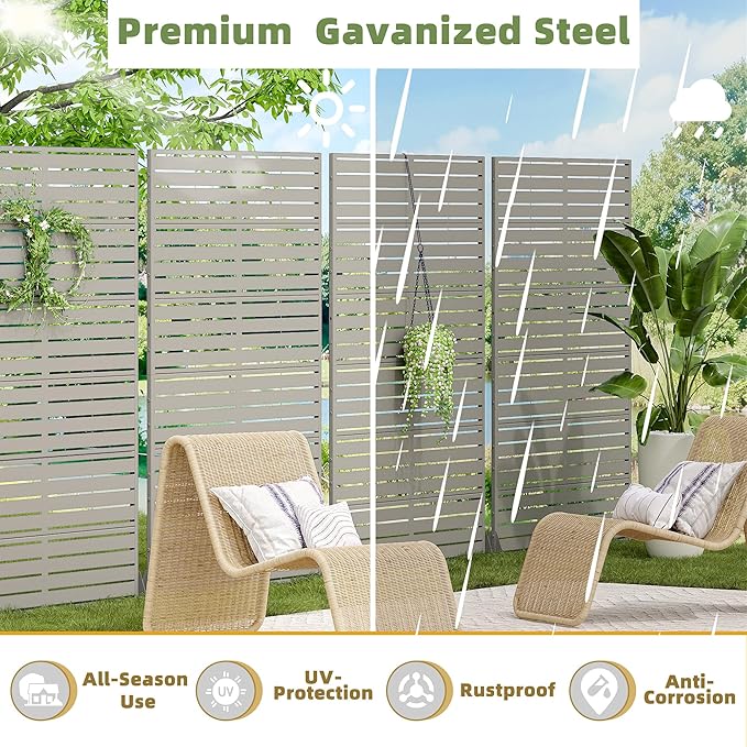 Casaphoria Metal Privacy Screen Outdoor, 72" H x 47" W Freestanding Decorative Privacy Screen for Patio Deck Balcony Garden with Stable Base, Grey-Louvered