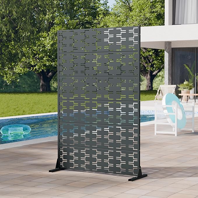Casaphoria Metal Privacy Screen Outdoor, 72" H x 47" W Freestanding Decorative Privacy Screen for Patio Deck Balcony Garden with Stable Base, Drakgrey-Brick