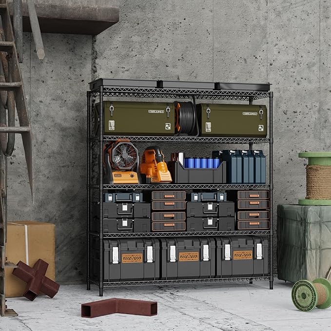 3500LBS 59" W 5 Tiers Storage Shelves, Metal Shelving Wire Metal Shelving Unit Shelves for Storage Adjustable Garage Shelving for Pantry Kitchen Garage Black 17.7" D x 59.1" W x 70.4" H
