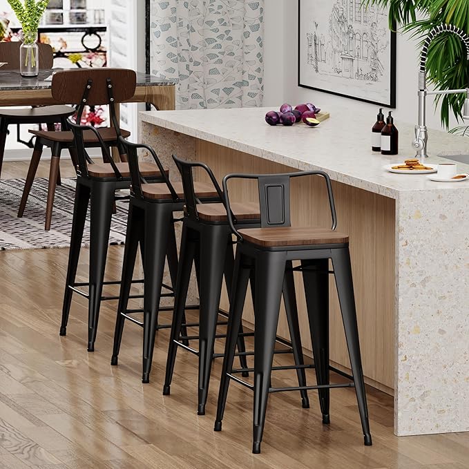 Yongchuang 26" Metal Bar Stools Set of 4 Counter Height Barstools with Wood Top Low Back Matte Black