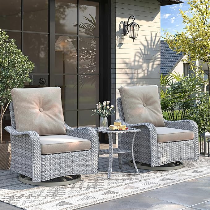 2-Seat Modern Patio Furniture Set with Swivel Rocking Chairs, Thick 4″ Cushions, Dual-Strand Wicker Rattan, Rust-Resistant Steel Frame – Outdoor Conversation & Modular Sectional,Beige
