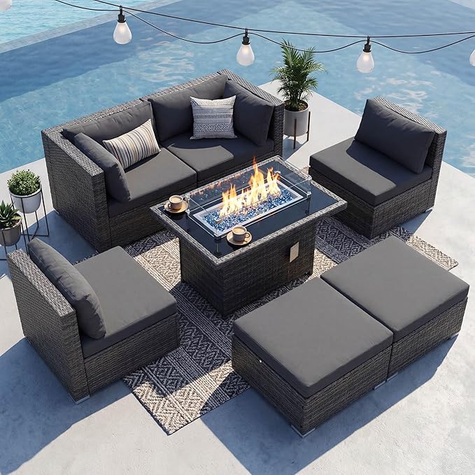 NICESOUL 29.3'' High Backrest Patio Furniture Set with Firepit Table Gas/Propane, Heavy Duty Deep Seating Outdoor Sectional Sofa Sets, 6 Seater Modern Luxury Extra Large Wicker Conversations, Gray