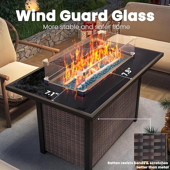 Outdoor Patio Furniture Set with 43'' Fire Pit Table, 8 Pcs Outdoor Patio Furniture Conversation Sets with 4in Thicken Cushion, Wicker Outdoor Sectional for Backyard, Garden, Balcony,Deck, Brown/Beige