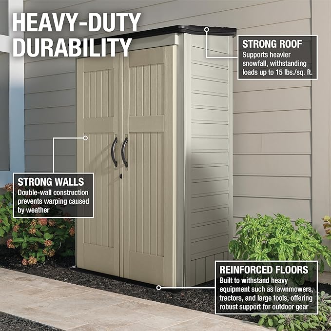 Rubbermaid Vertical Resin Outdoor Storage Shed With Floor (4 x 2.5 Ft) Weather Resistant Beige/Brown Organization for Home/Backyard/Pool Chemicals/Toys/Garden Tools/Porch/Patio Cushions