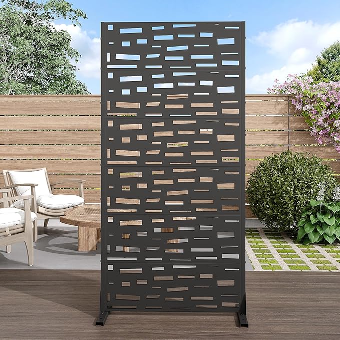 Casaphoria 72" H x 35" W Metal Outdoor Privacy Screen, Freestanding Decorative Divider for Patio, Deck, Balcony, and Garden with Stable Base, Black-Gerald
