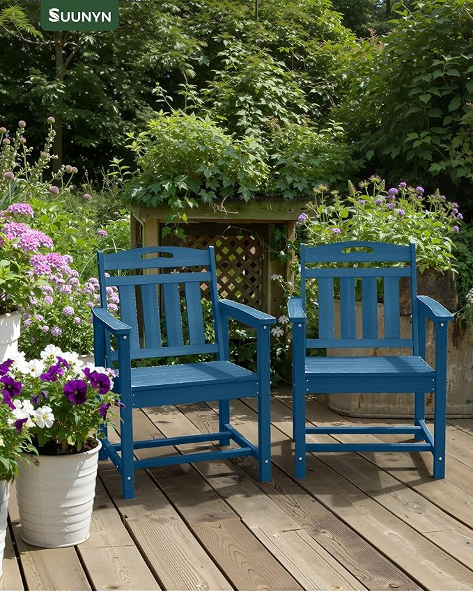 Set of 2 Weatherproof Patio Chairs - HDPE Outdoor Dining Chairs with Wide Seat, Ergonomic Design - for Garden, Backyard, Deck - Navy Blue