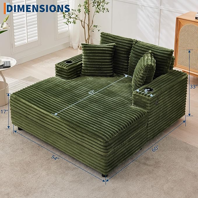 GarveeHome Oversized Chaise Lounge Chair Indoor, 56x60 in Comfortable Corduroy Lounge Sofa with Charging Ports & Cup Holders, Cozy Reading Couch for Bedroom Living Room Apartment, Green