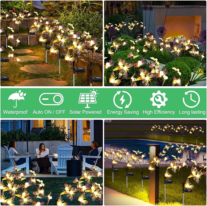 Solar Garden Butterfly Lights, 4 Pack 32 LED Solar Swaying Lights, Swaying in The Wind, Waterproof Firefly Light Outdoor Fairy Light for Garden Patio Yard Pathway Flower Bed Decoration