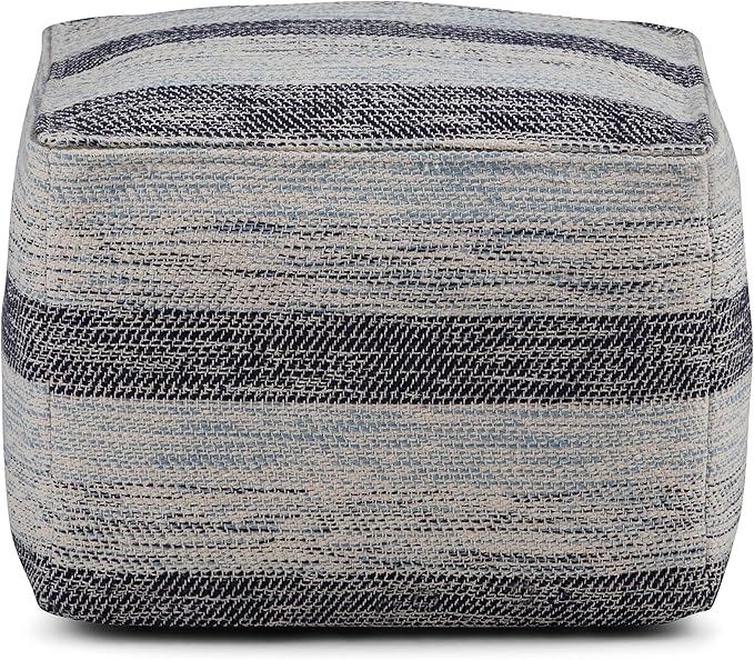 SIMPLIHOME Clay Square Pouf - 18 inch Wide Upholstered Cotton Ottoman in Patterned Blue Melange, Boho Footstool, Decorative Cube Pouf or Extra Seating for Living Room or Bedroom, Assembled