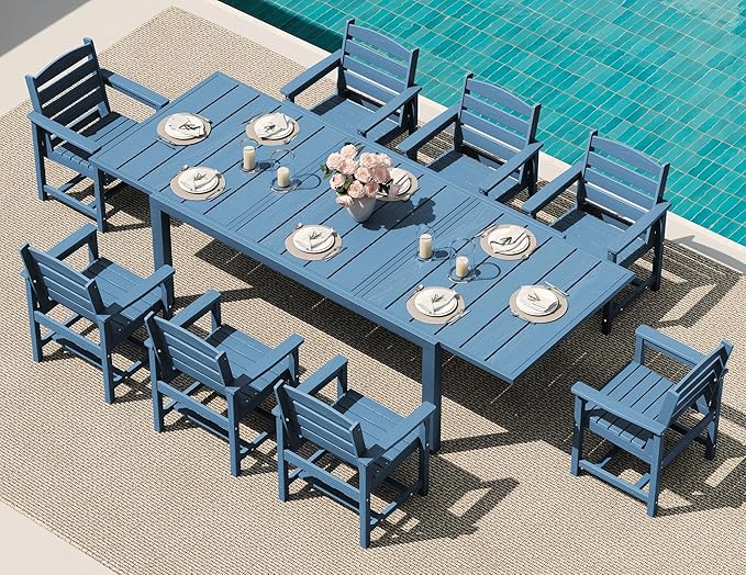 SERWALL 9-Piece Outdoor Dining Set, 60" - 83" Expandable Outdoor Dining Table and 8 HDPE Chairs, All Weather HDPE Outdoor Furniture Set for Backyard, Garden, Blue